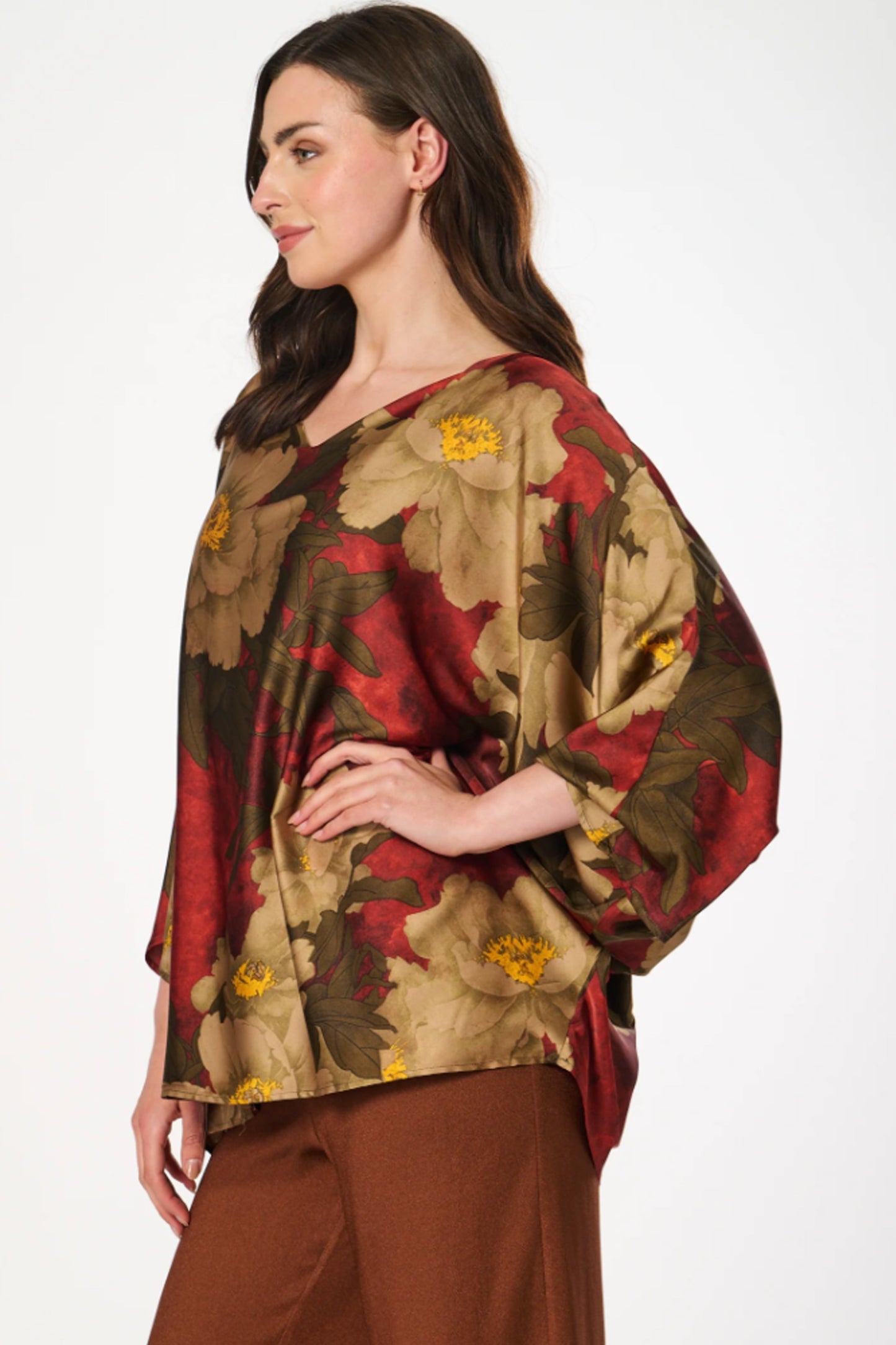 Satin Style Batwing One-Size Top with Floral Print