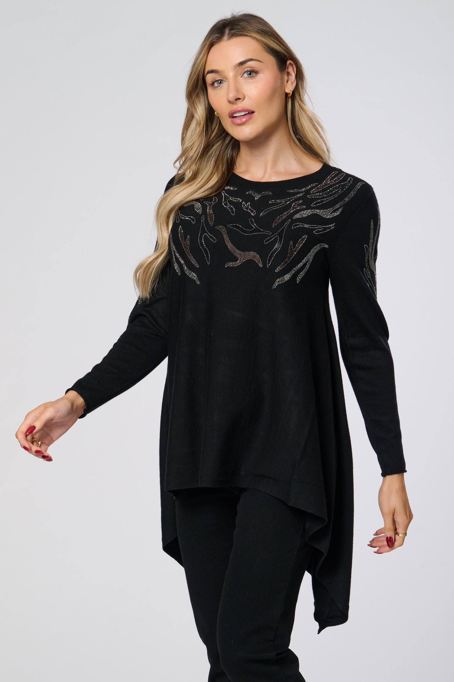 Embellished Pointed Hem Knitted Tunic Top