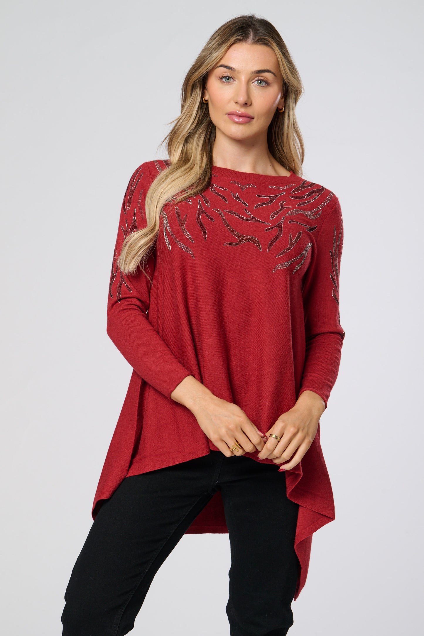 Embellished Pointed Hem Knitted Tunic Top