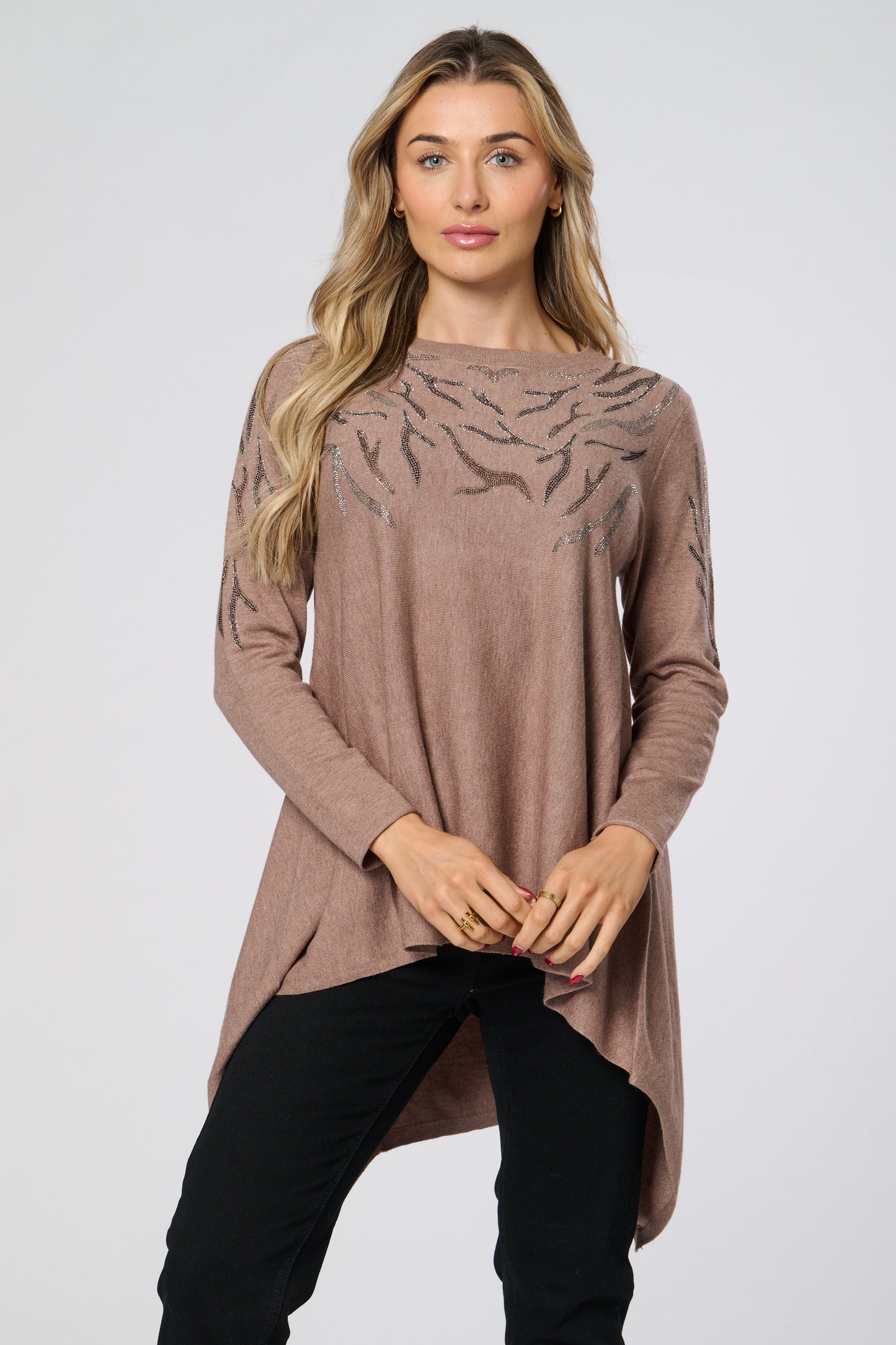 Embellished Pointed Hem Knitted Tunic Top