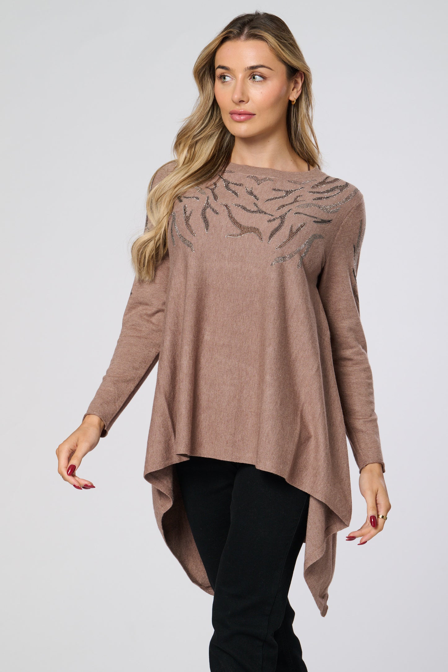 Embellished Pointed Hem Knitted Tunic Top