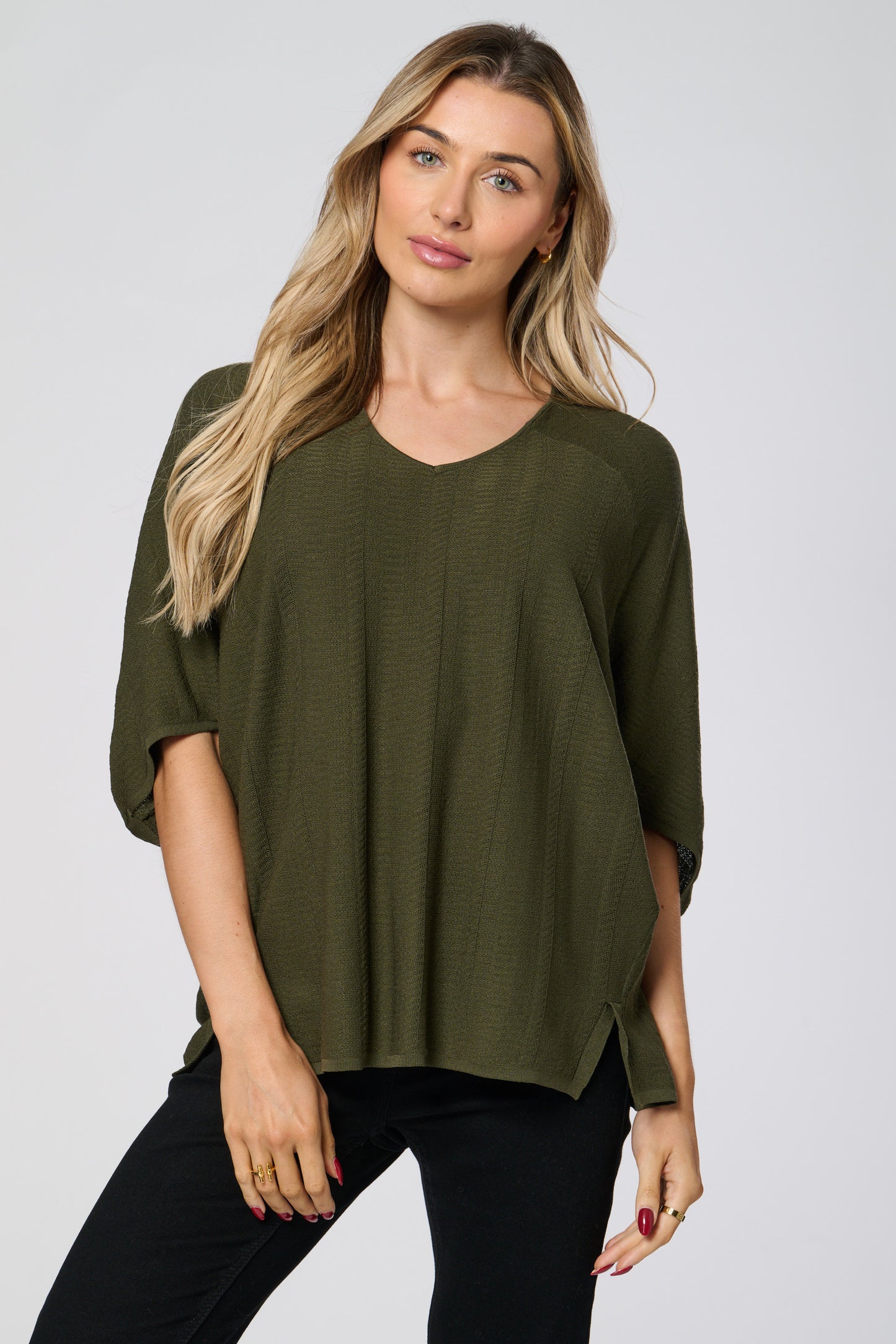 V Neck Ribbed Loose Fit Knitted Top