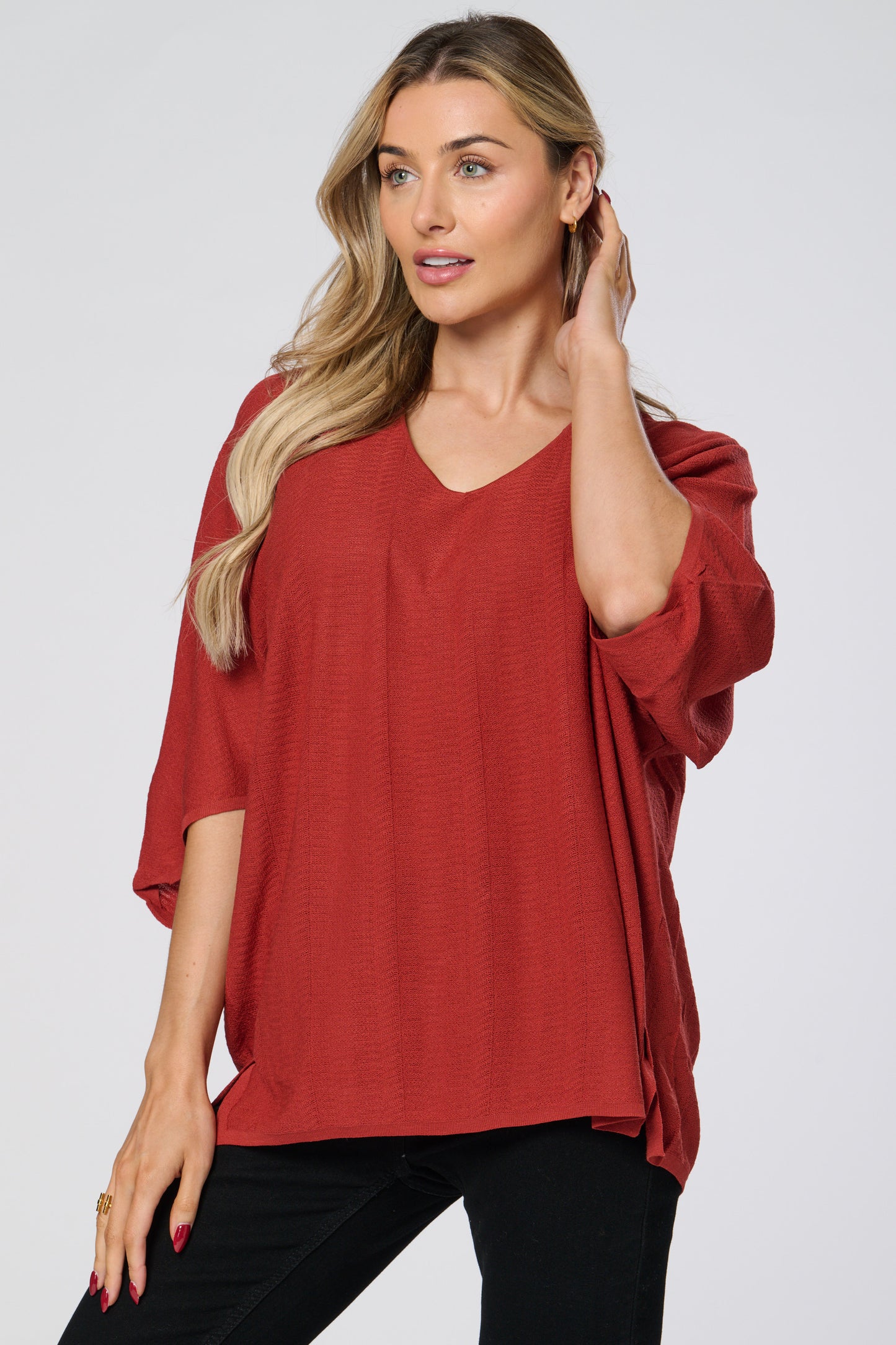 V Neck Ribbed Loose Fit Knitted Top