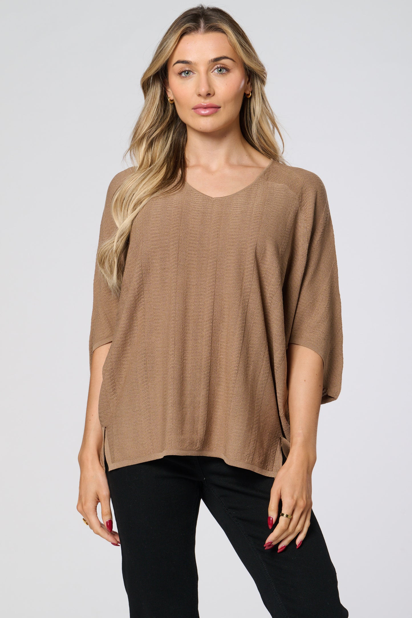 V Neck Ribbed Loose Fit Knitted Top
