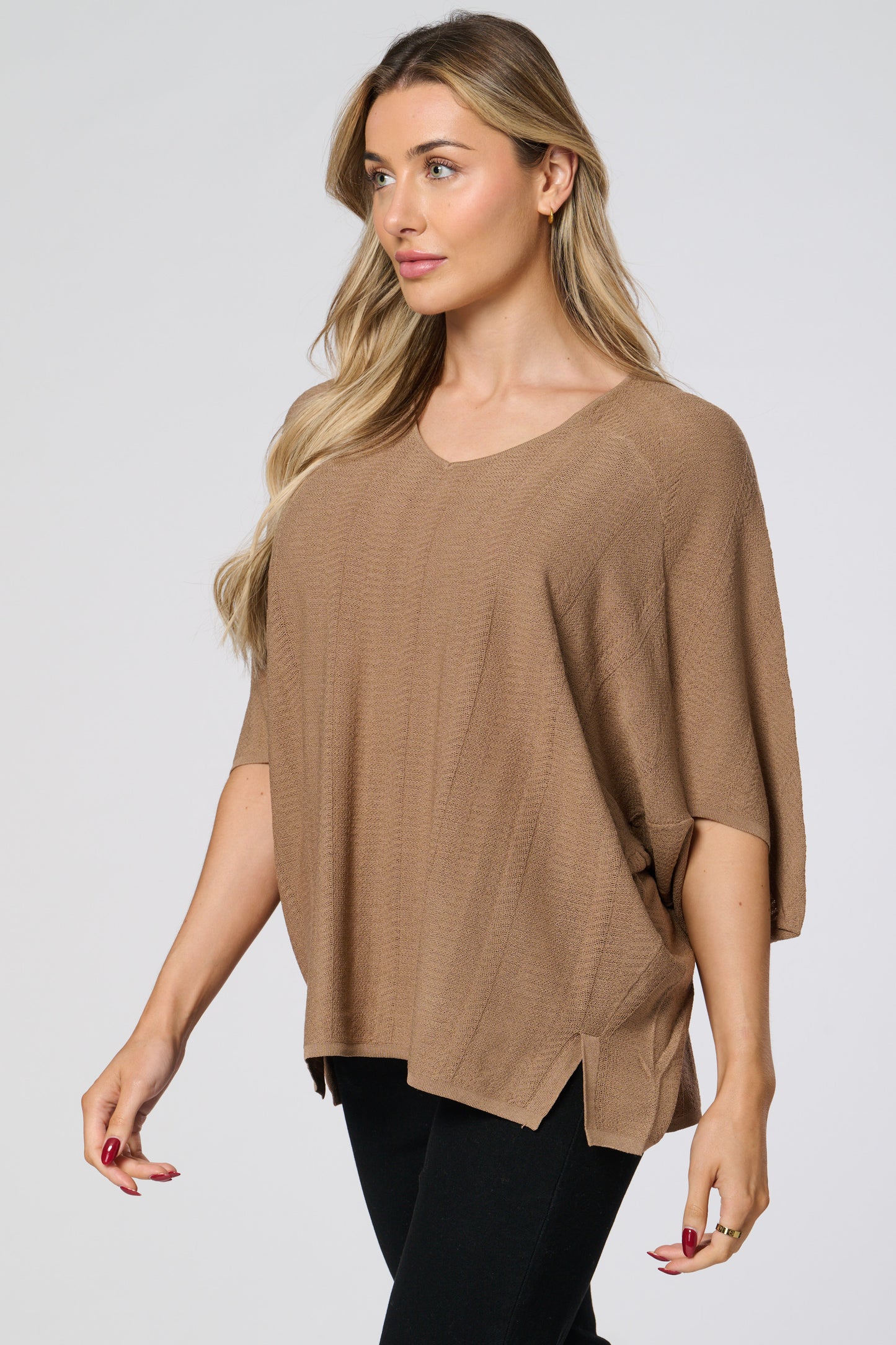 V Neck Ribbed Loose Fit Knitted Top