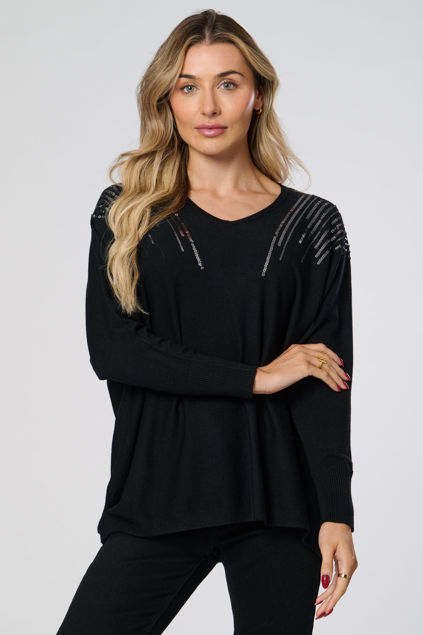 Sequin Embellished V-Neck Knitted Top