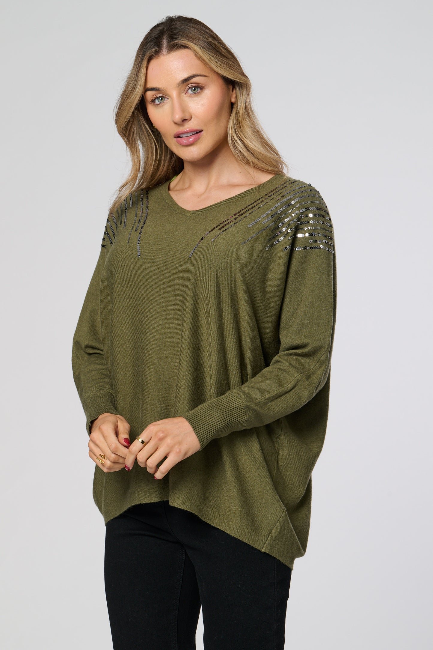 Sequin Embellished V-Neck Knitted Top