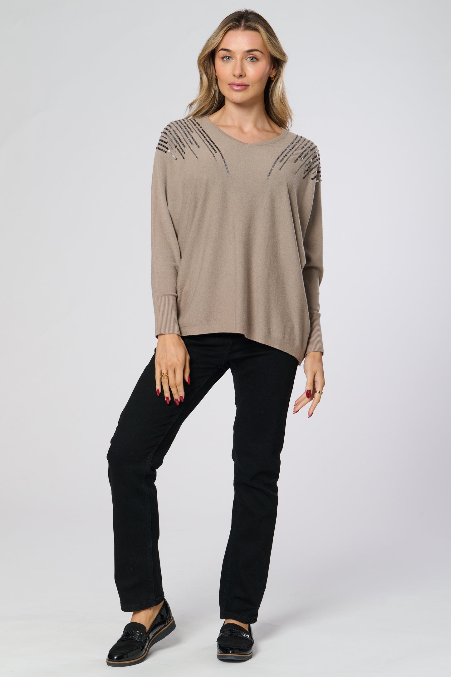 Sequin Embellished V-Neck Knitted Top