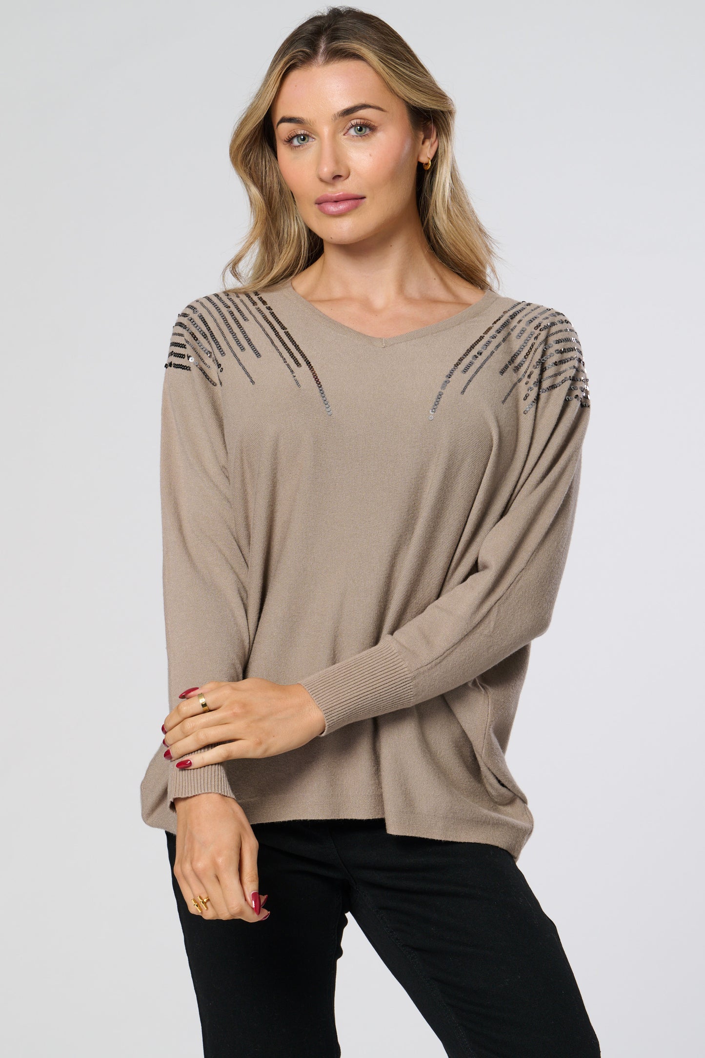 Sequin Embellished V-Neck Knitted Top