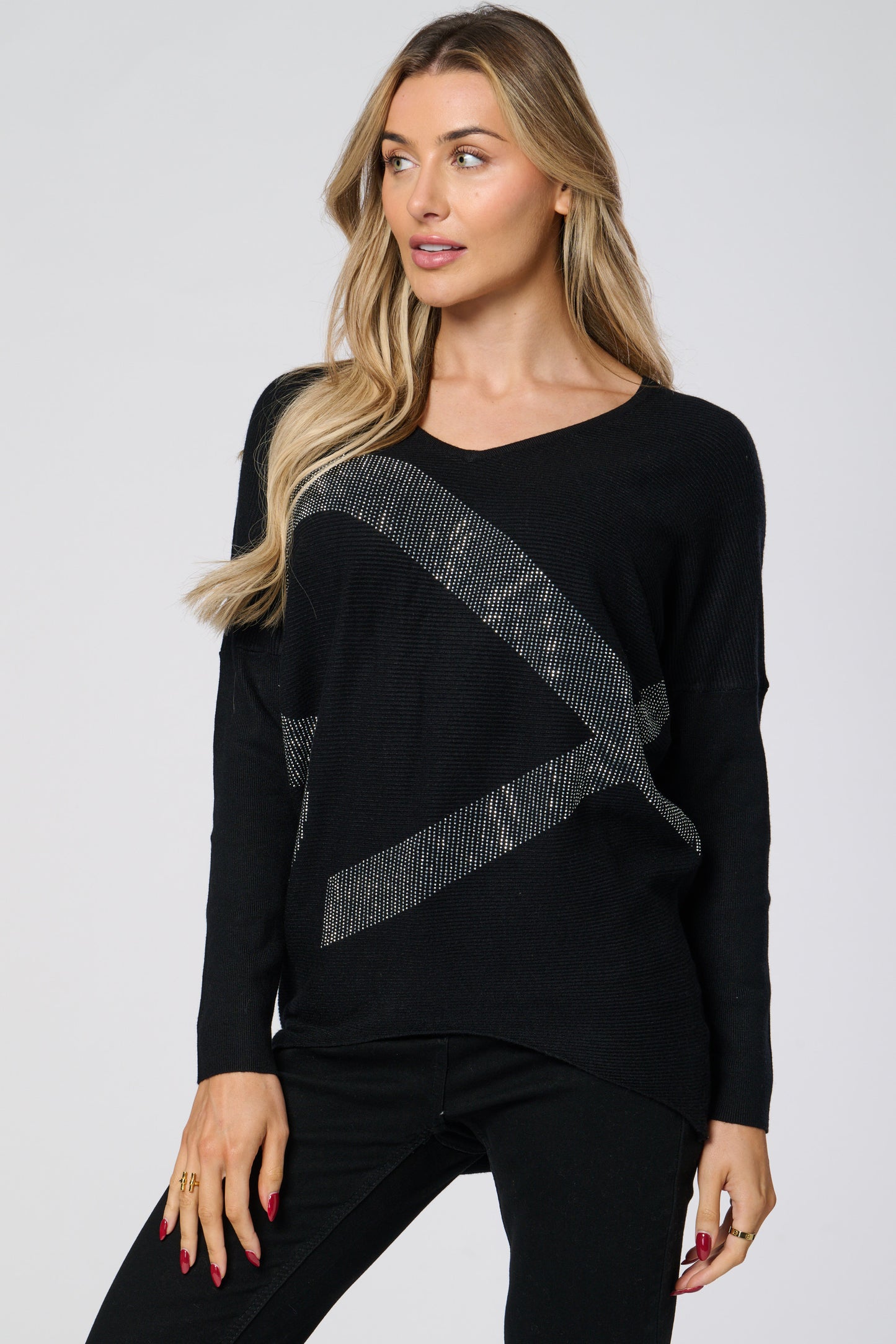V-Neck Diamante Embellished Knitted Top