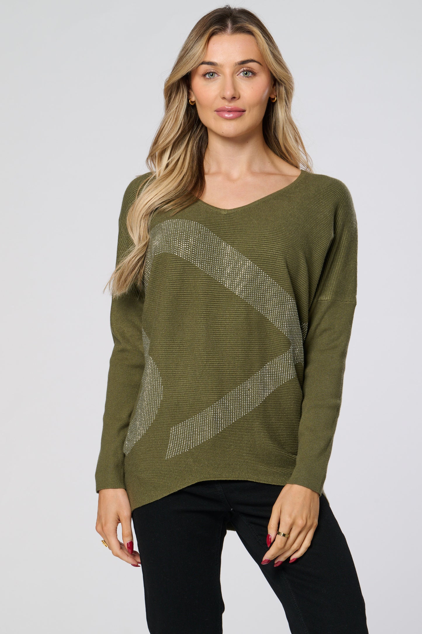 V-Neck Diamante Embellished Knitted Top