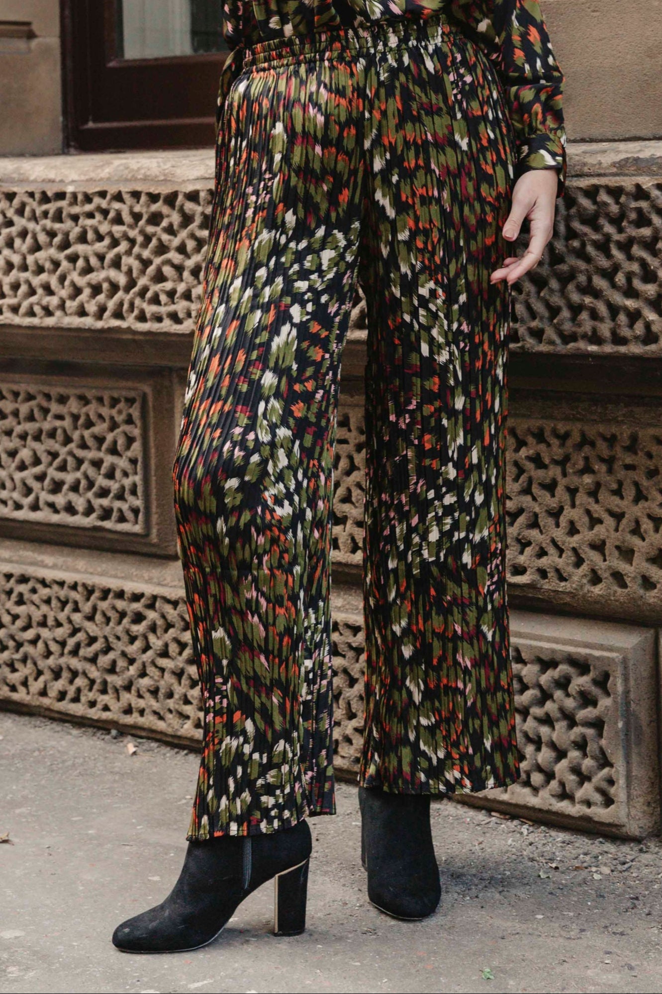 Crystal Pleat Printed Wide Leg Trousers