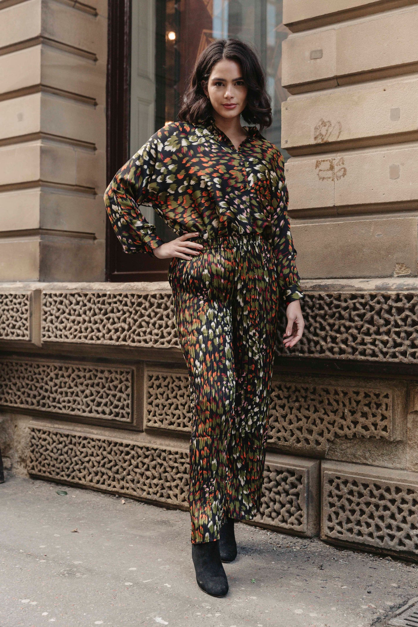 Crystal Pleat Printed Wide Leg Trousers
