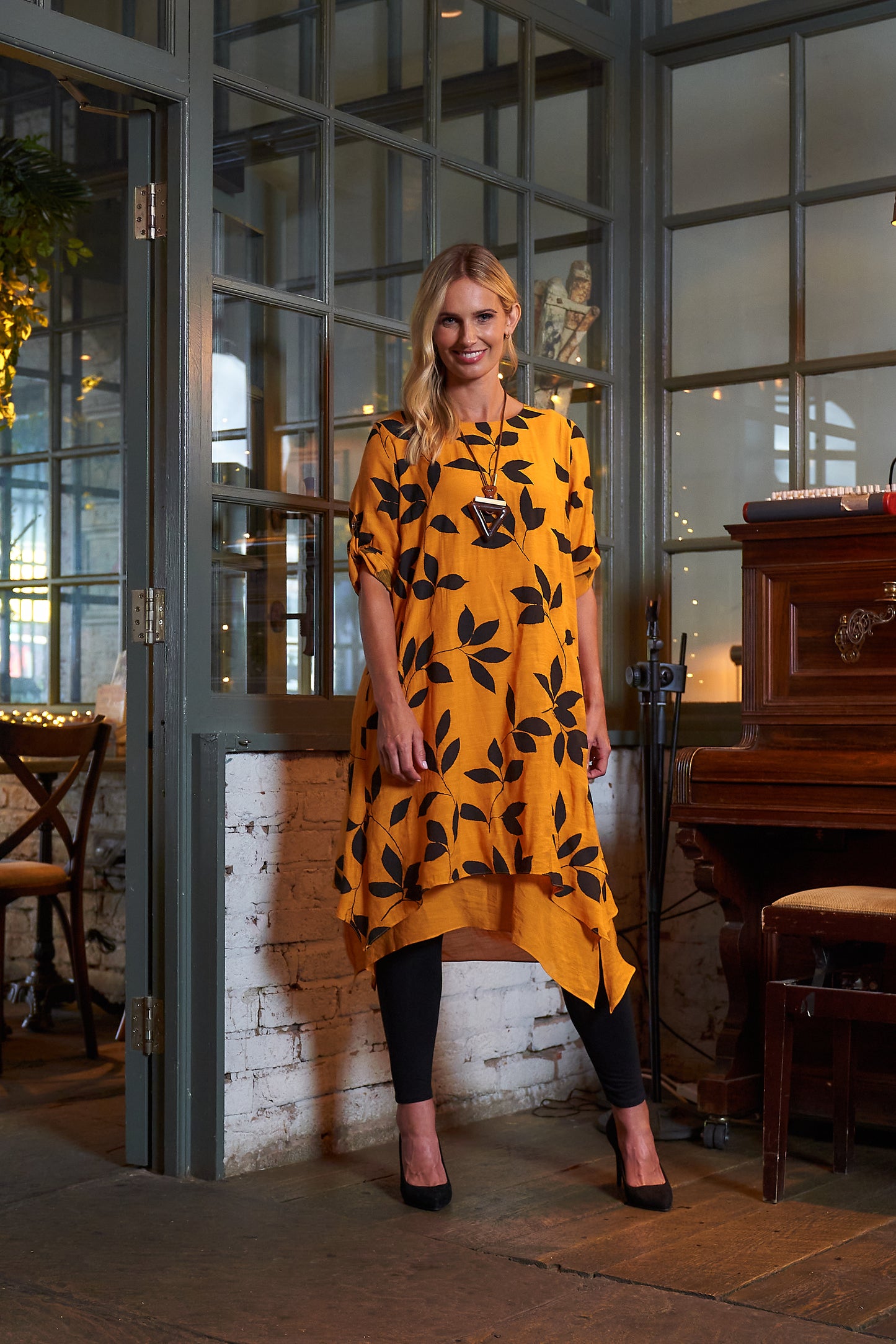 Mustard Leaf Print Double Layered Dress