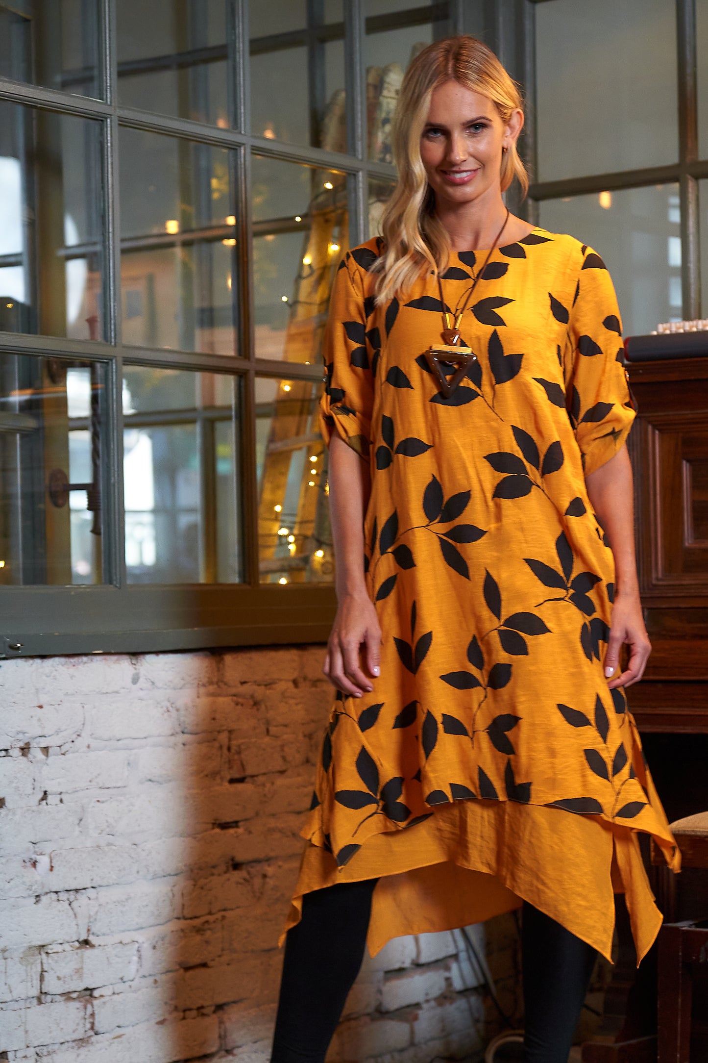 Mustard Leaf Print Double Layered Dress
