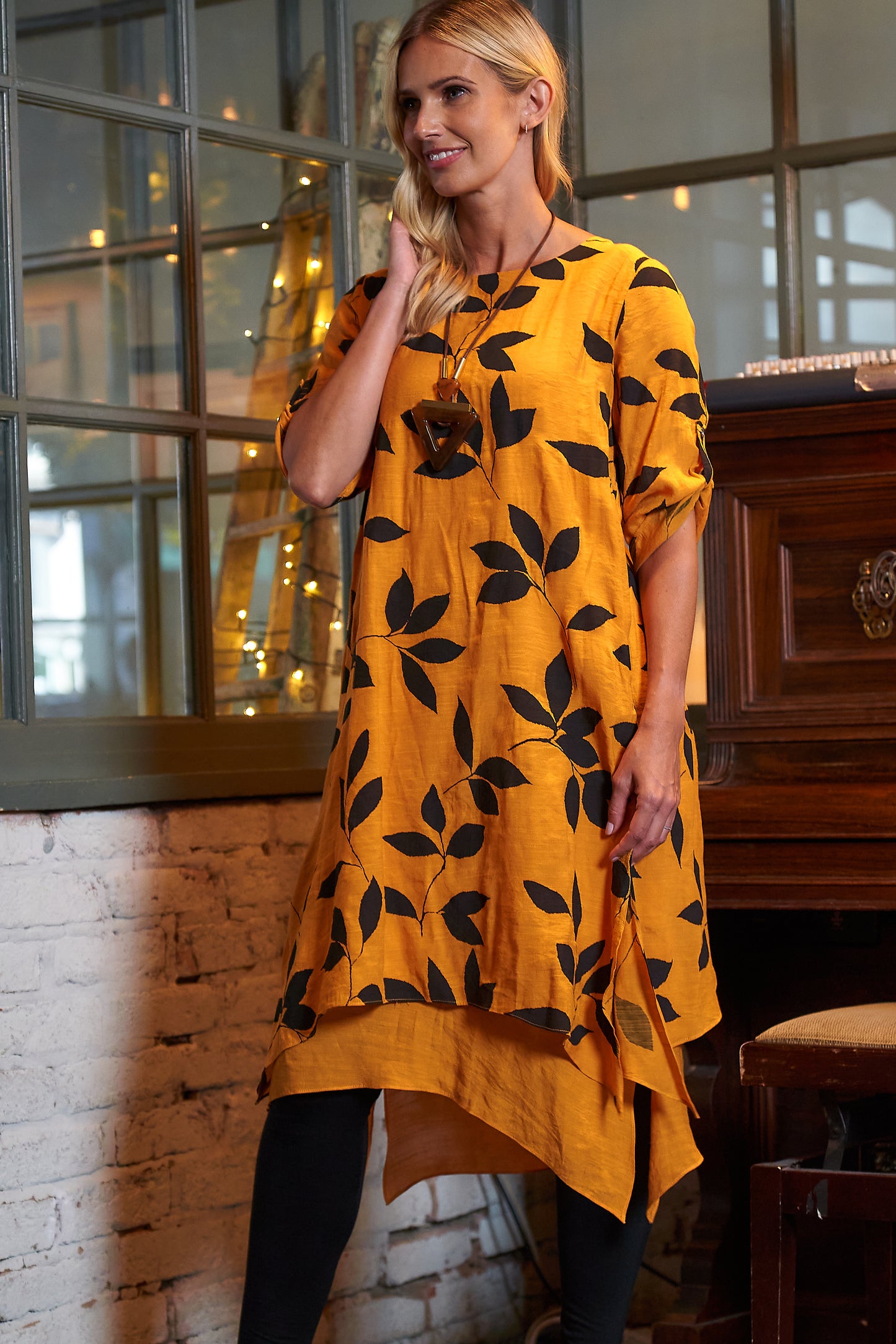 Mustard Leaf Print Double Layered Dress