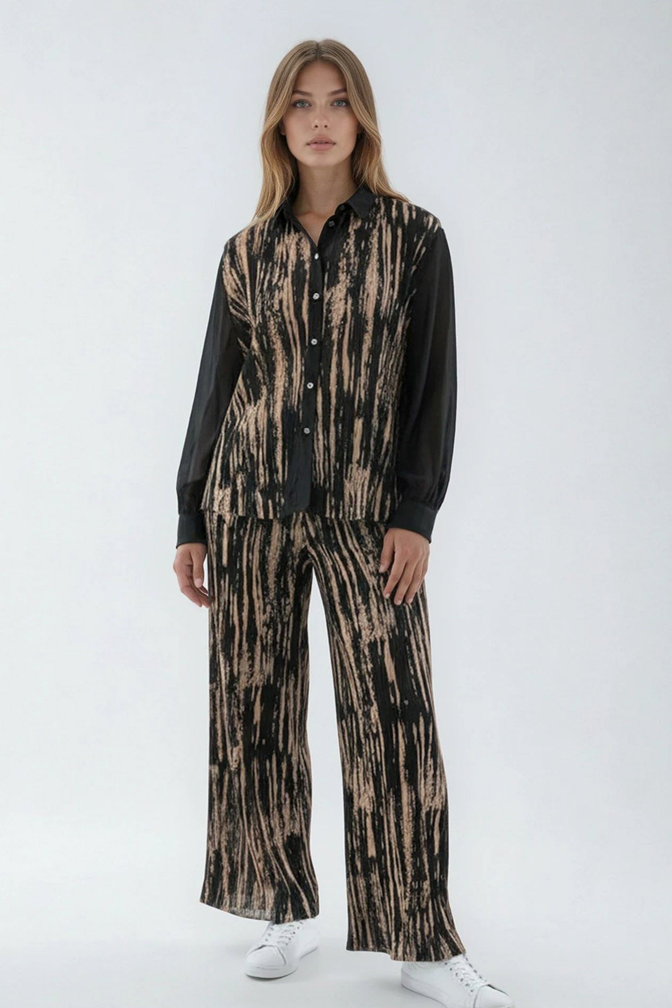 Crinkle Stripe Print Chiffon Shirt Top