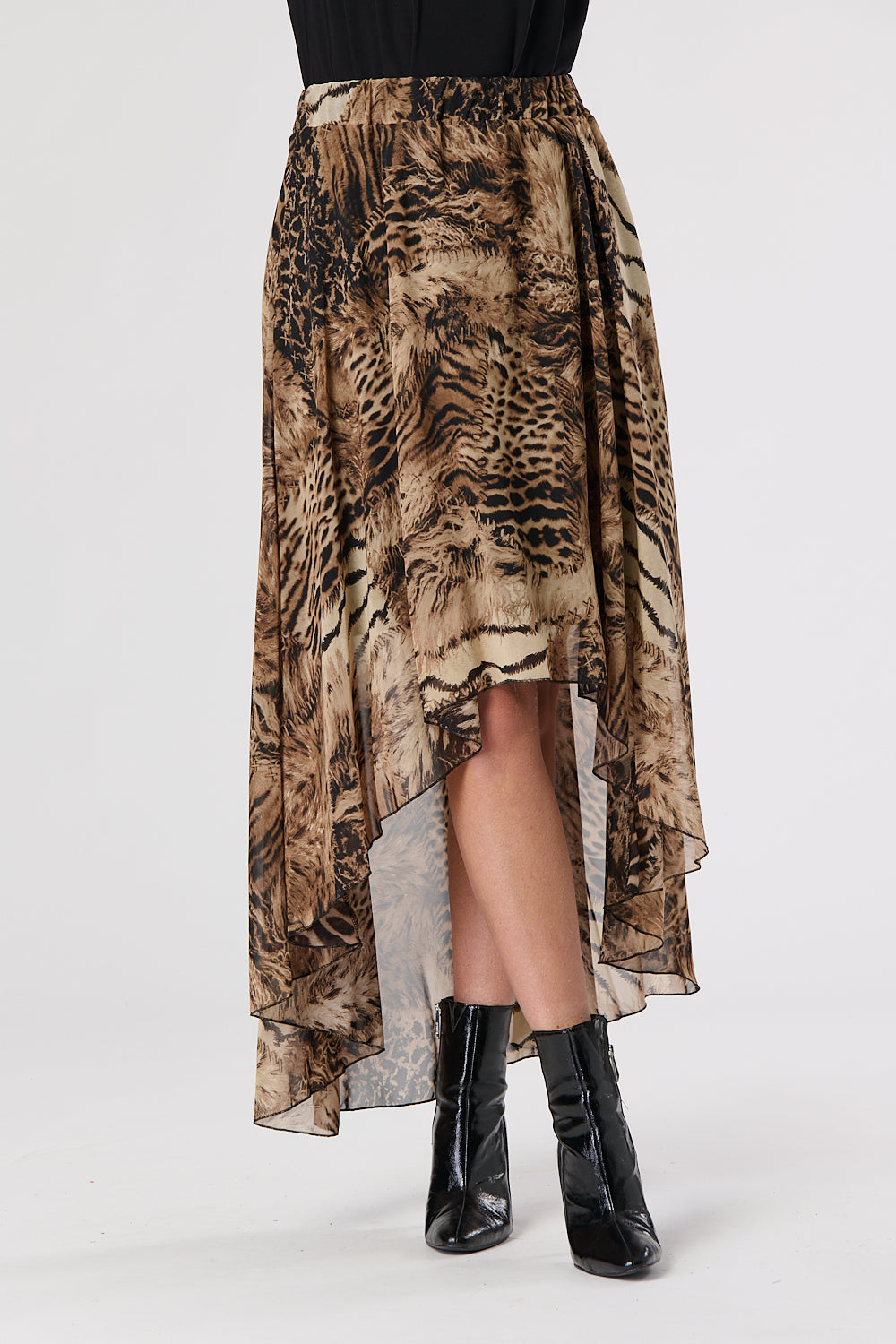 Animal Print Chiffon Elliptical Hem Skirt