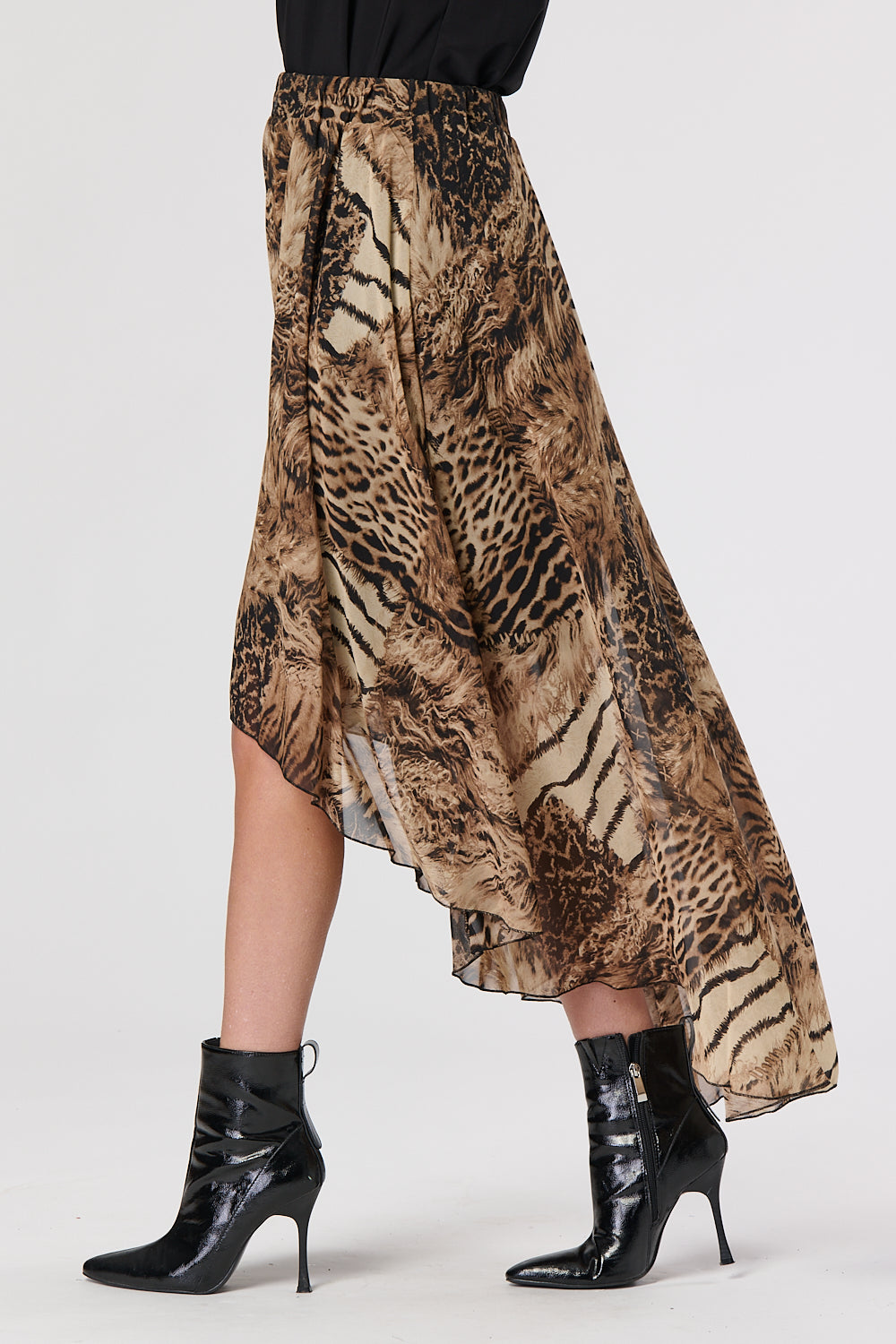 Animal Print Chiffon Elliptical Hem Skirt