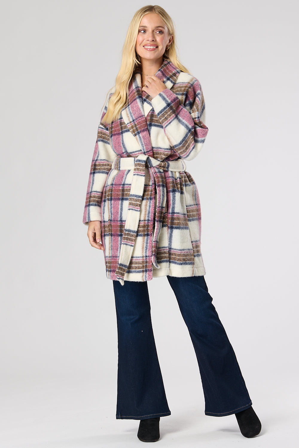 Check Wool Mix Coat with Belt