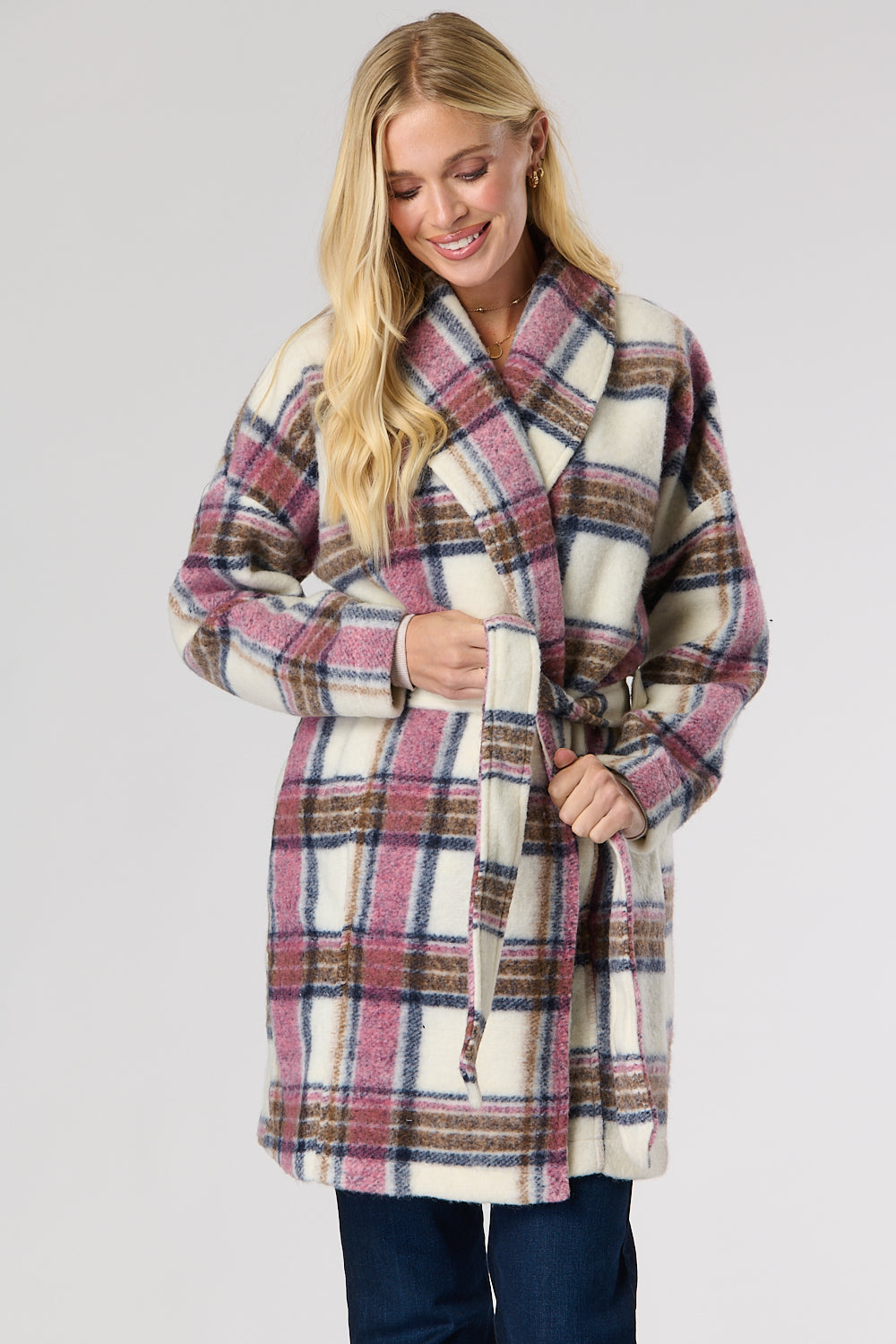 Check Wool Mix Coat with Belt