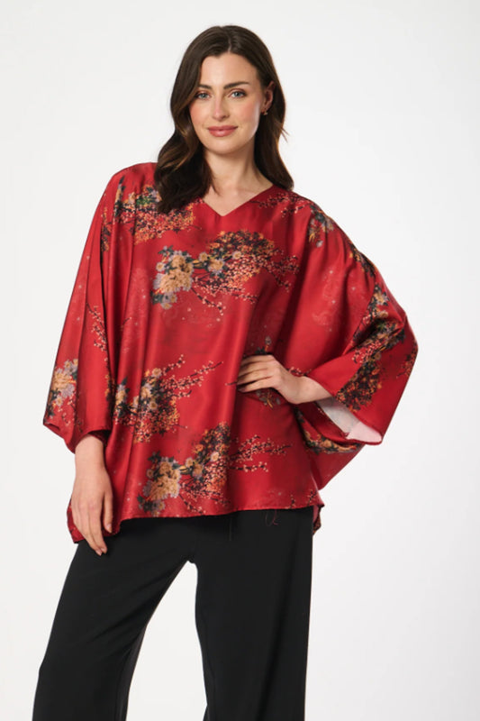 Satin Style Batwing One-Size Top with Oriental Print