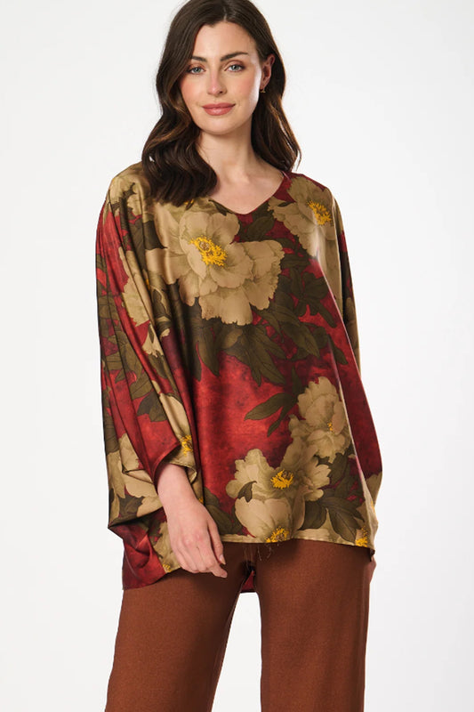 Satin Style Batwing One-Size Top with Floral Print