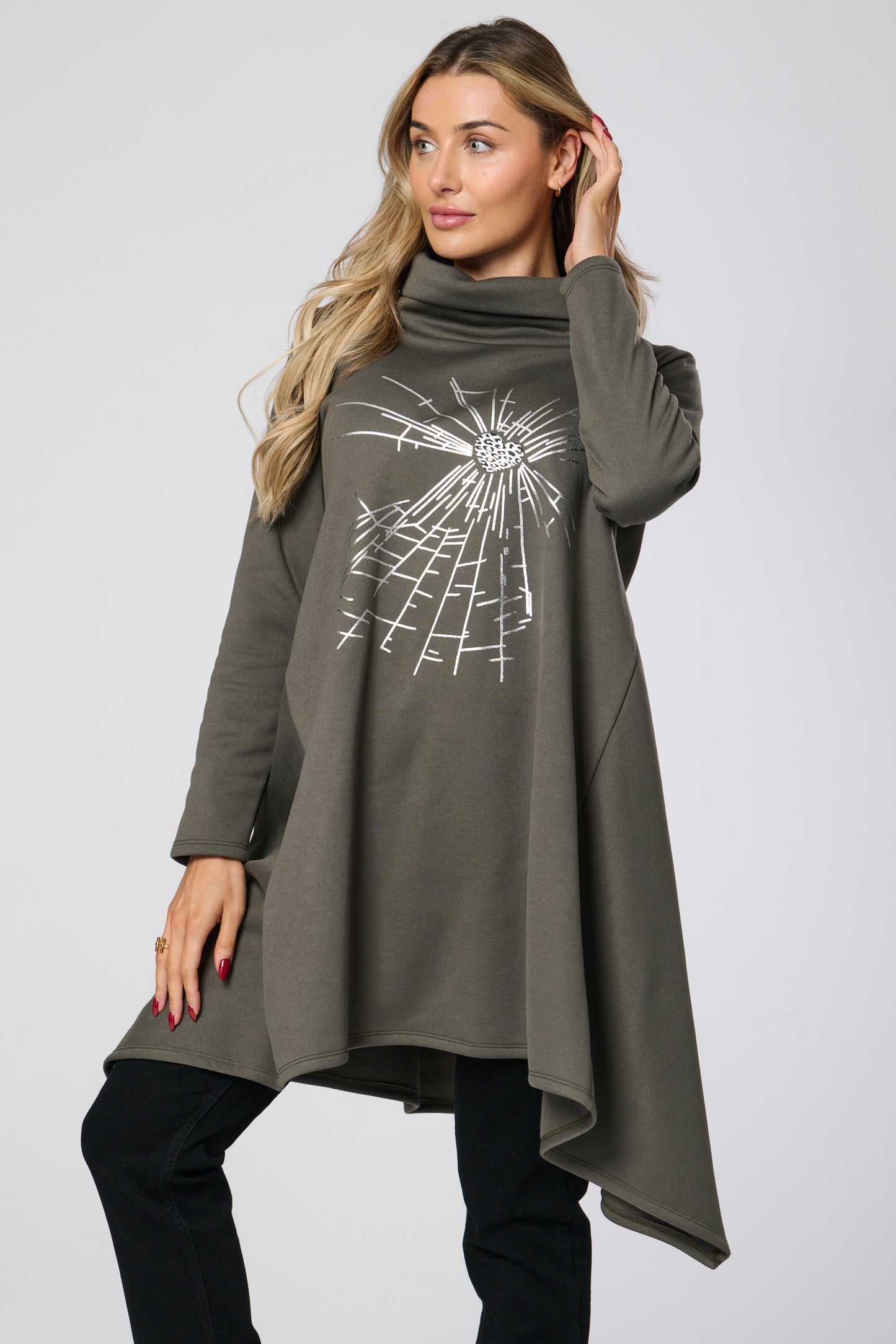 Cowl Neck Silver Embellished Tunic Top