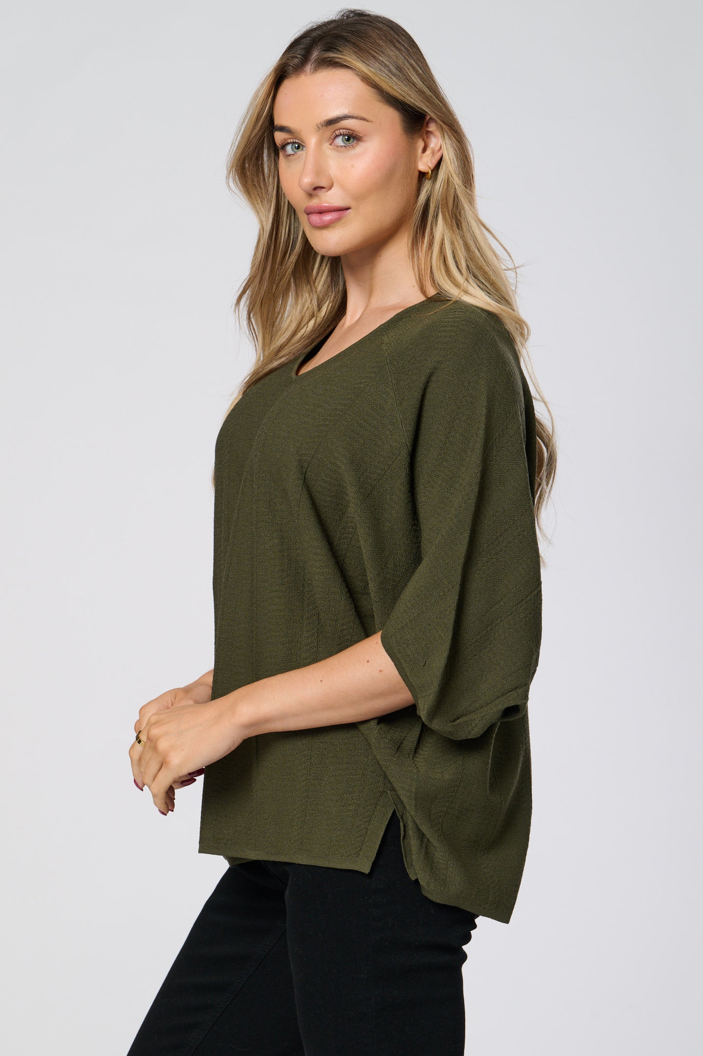 V Neck Ribbed Loose Fit Knitted Top
