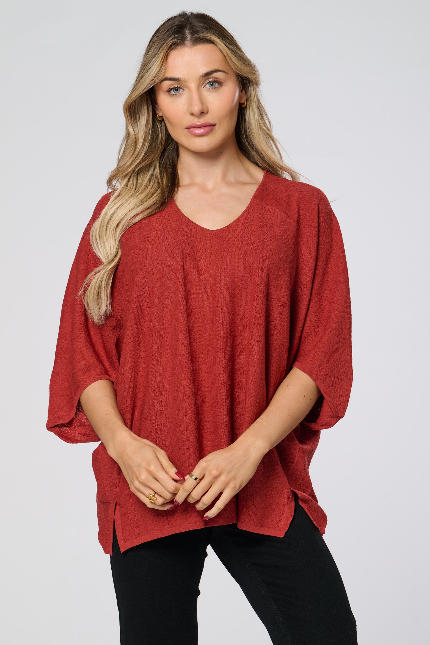 V Neck Ribbed Loose Fit Knitted Top