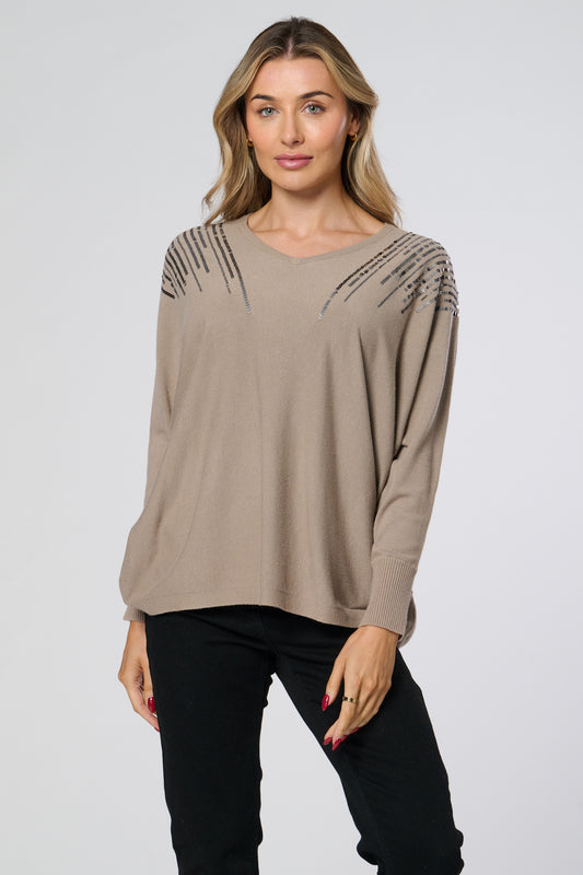 Sequin Embellished V-Neck Knitted Top