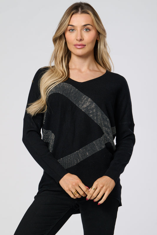 V-Neck Diamante Embellished Knitted Top
