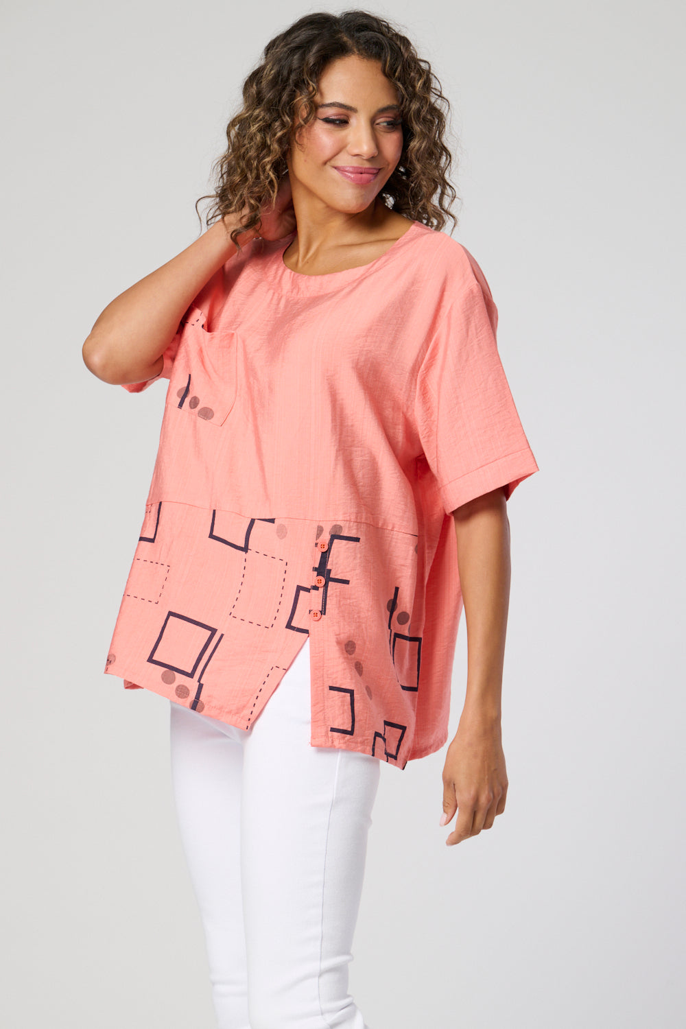 7559-A Oversized print/plain top with breast pocket and button split (Wholesale Pack Of 7) Pre-Order
