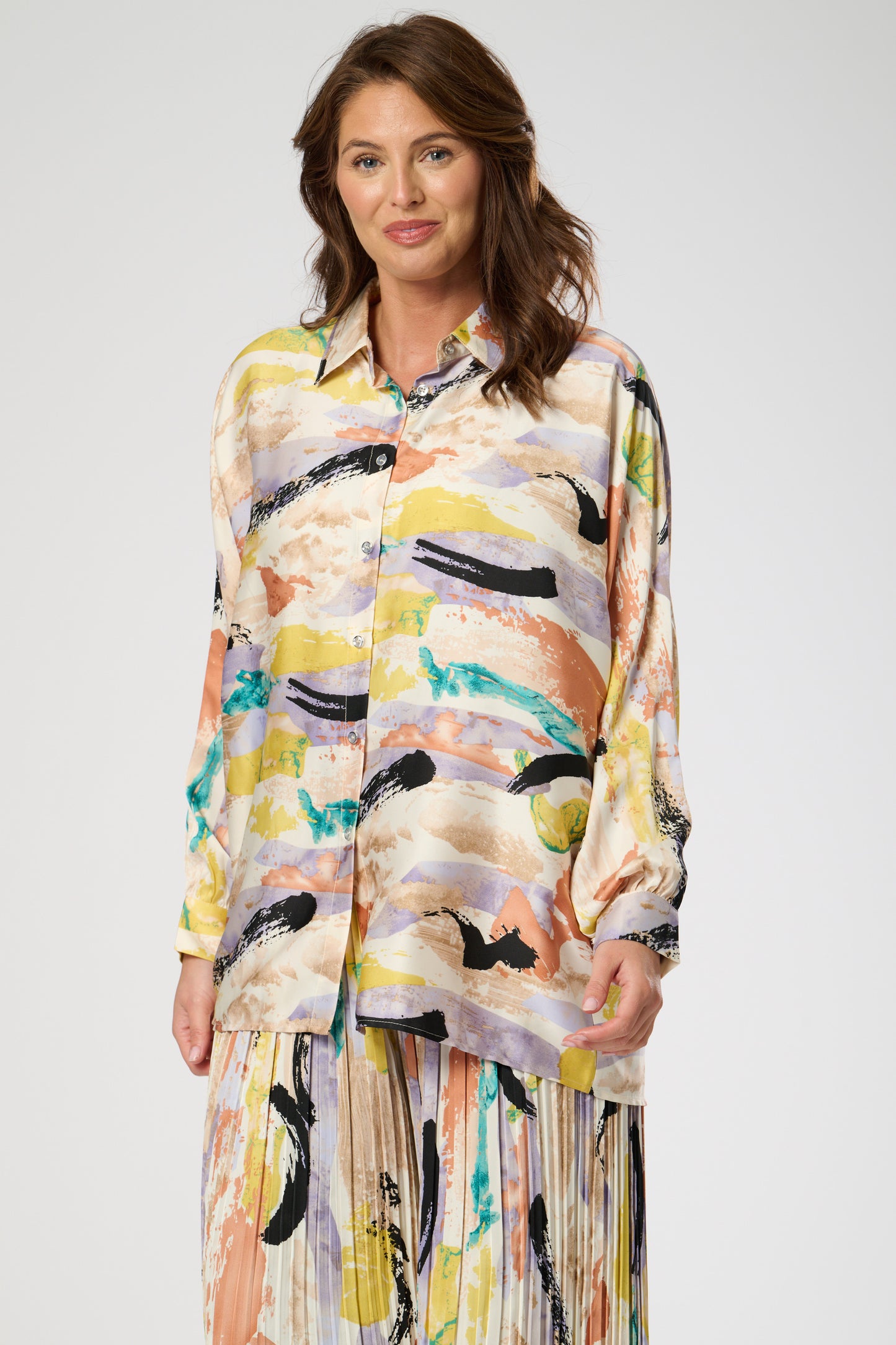 Muti-coloured Silk Touch Oversized Button Through Shirt Top