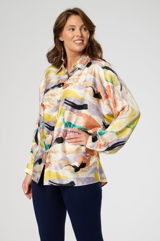 Muti-coloured Silk Touch Oversized Button Through Shirt Top