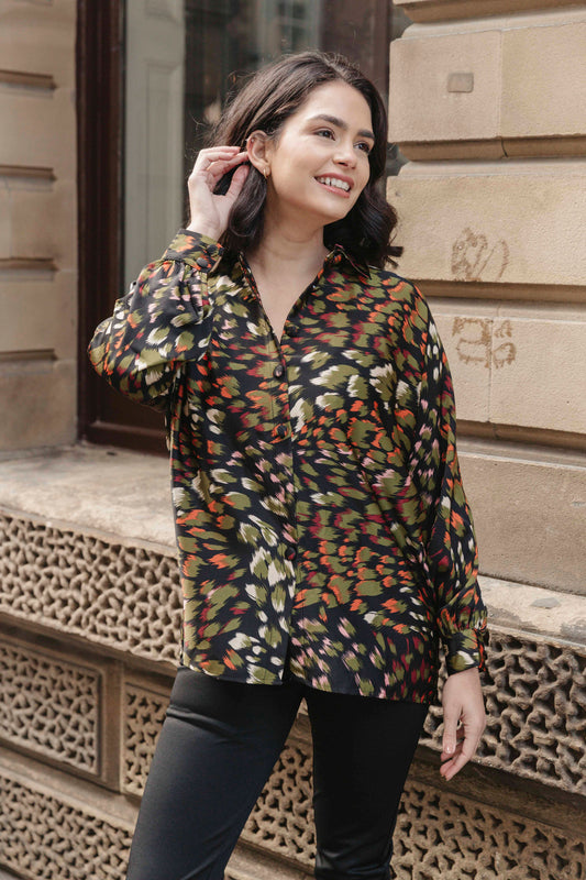 Printed Oversized Shirt with Self-covered Buttons