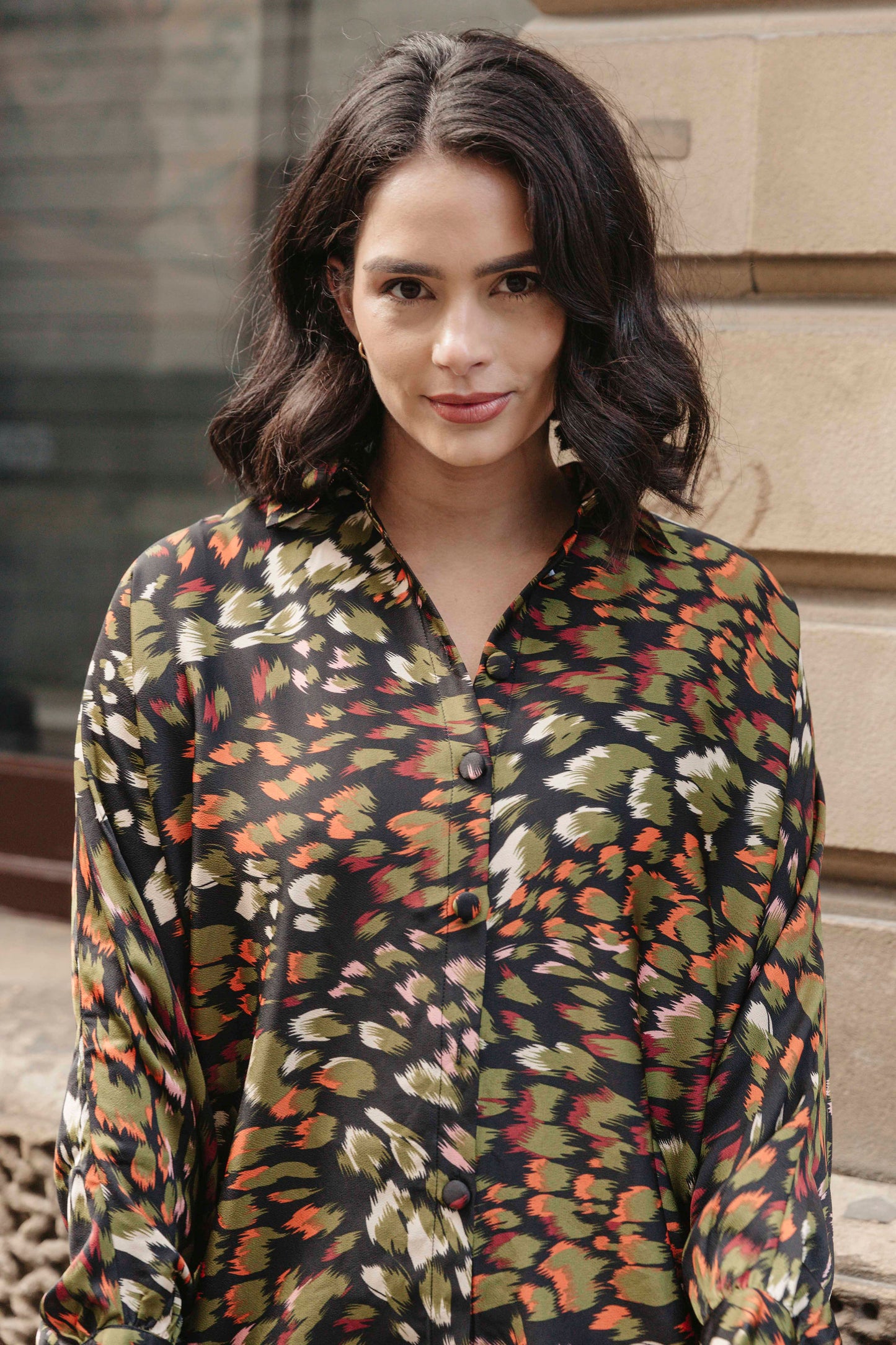 Printed Oversized Shirt with Self-covered Buttons