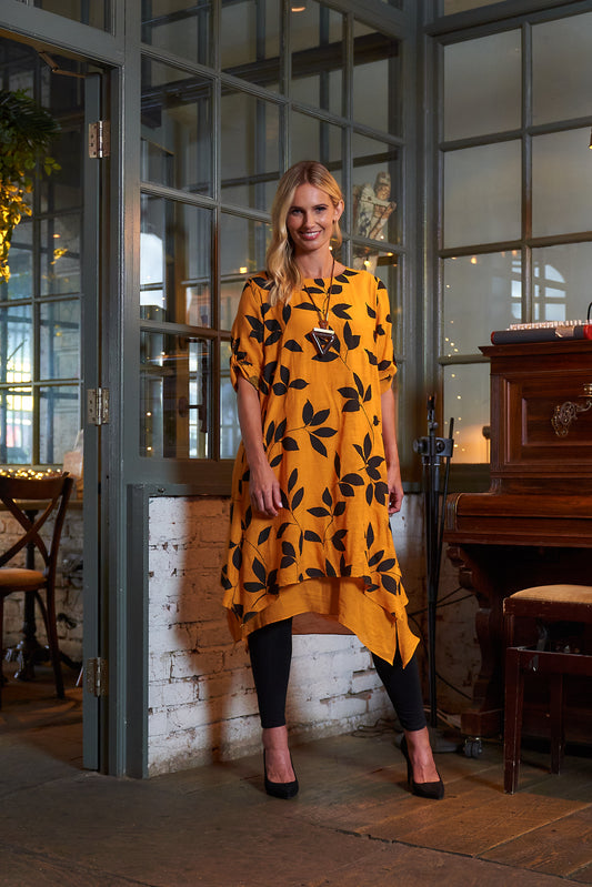 Mustard Leaf Print Double Layered Dress