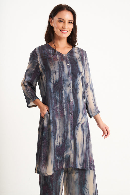 Abstract Print Button Through Silk Touch Jacket