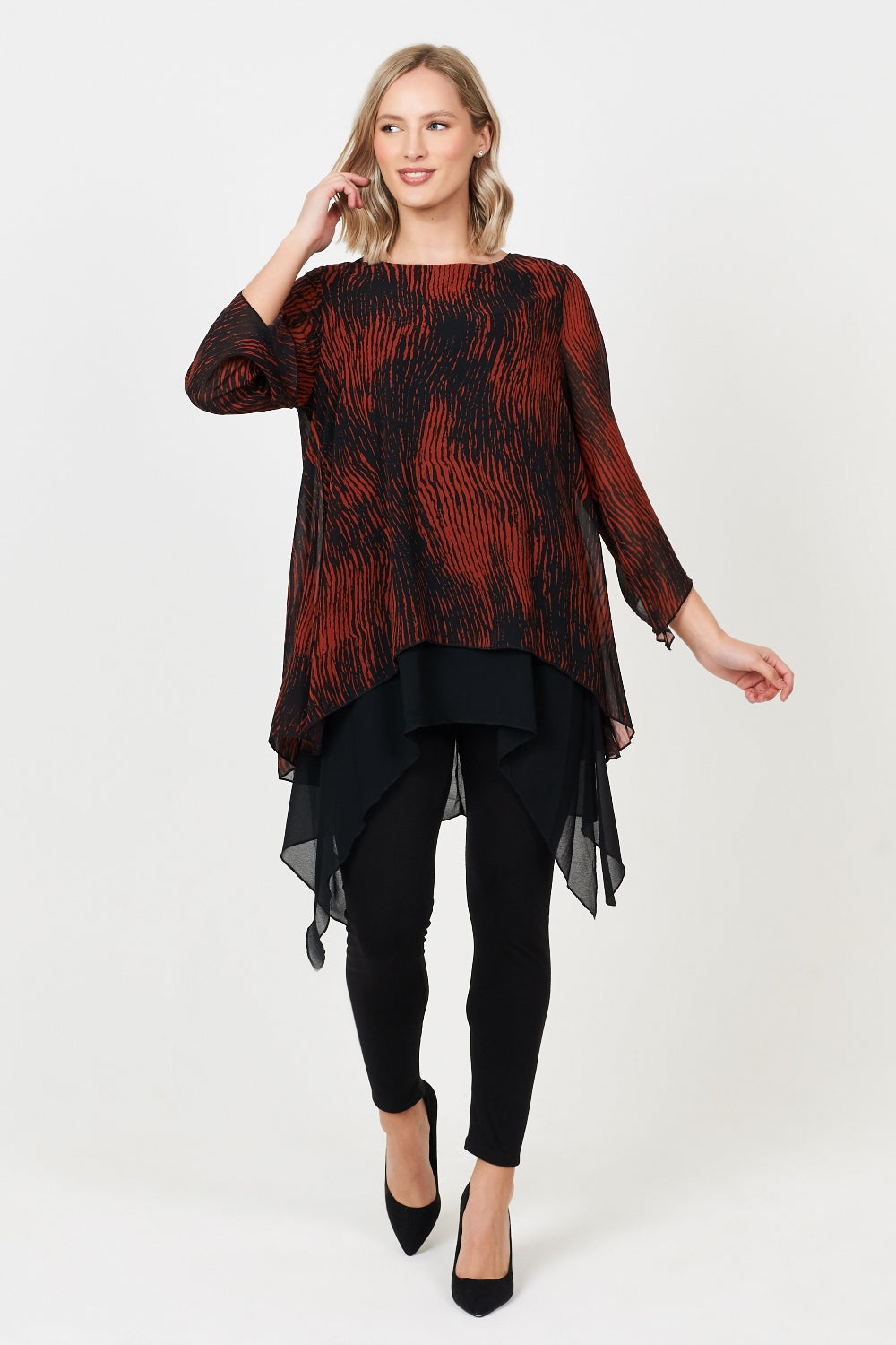 Abstract Print Chiffon Double Layered Tunic With Flared Sleeves