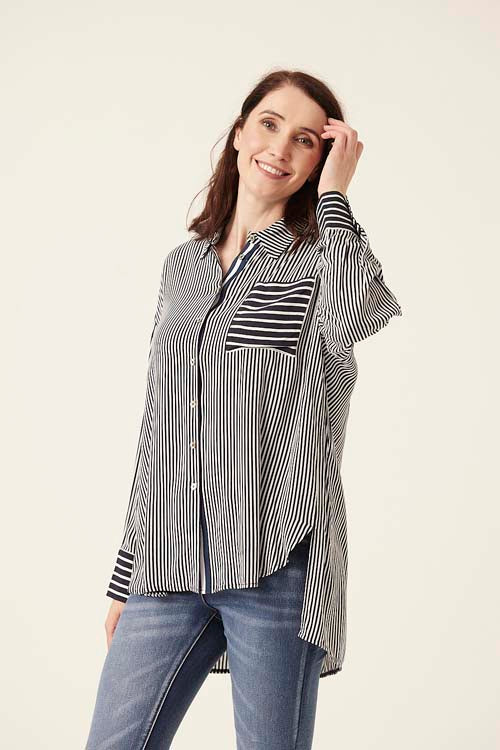 7566-A Dip back long sleeved stripe shirt (Wholesale Pack Of 7) Pre-Order