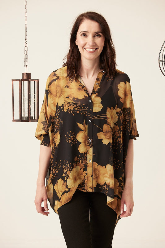 Oversized Floral Print Chiffon Shirt Top