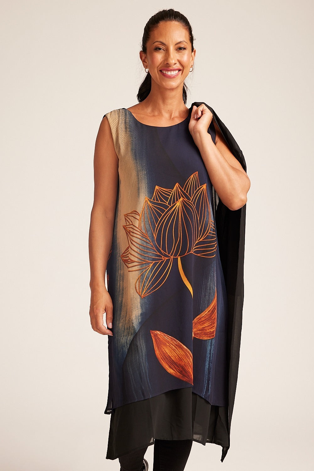 Large Flower Chiffon Print Inset Dress and Jacket