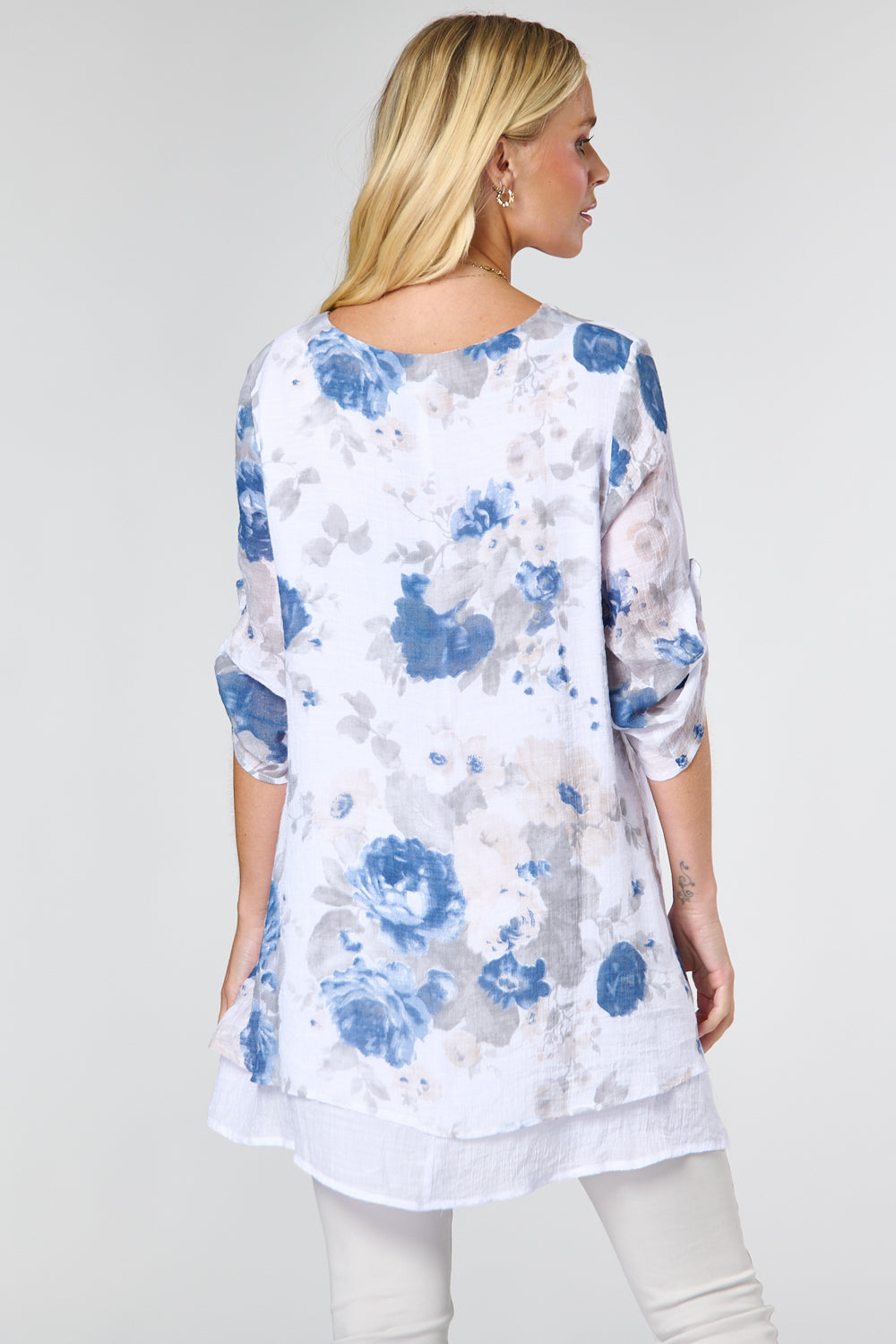 7418-B Floral Roll-up Sleeves Double Layer Top (Wholesale Pack Of 7) Pre-Order