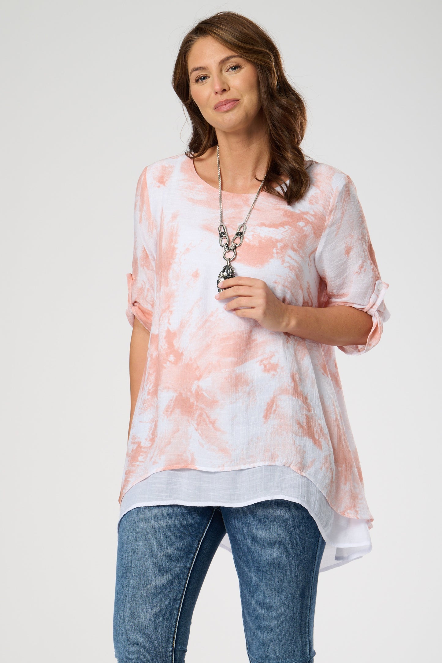 Printed Double layer top with roll up sleeves.