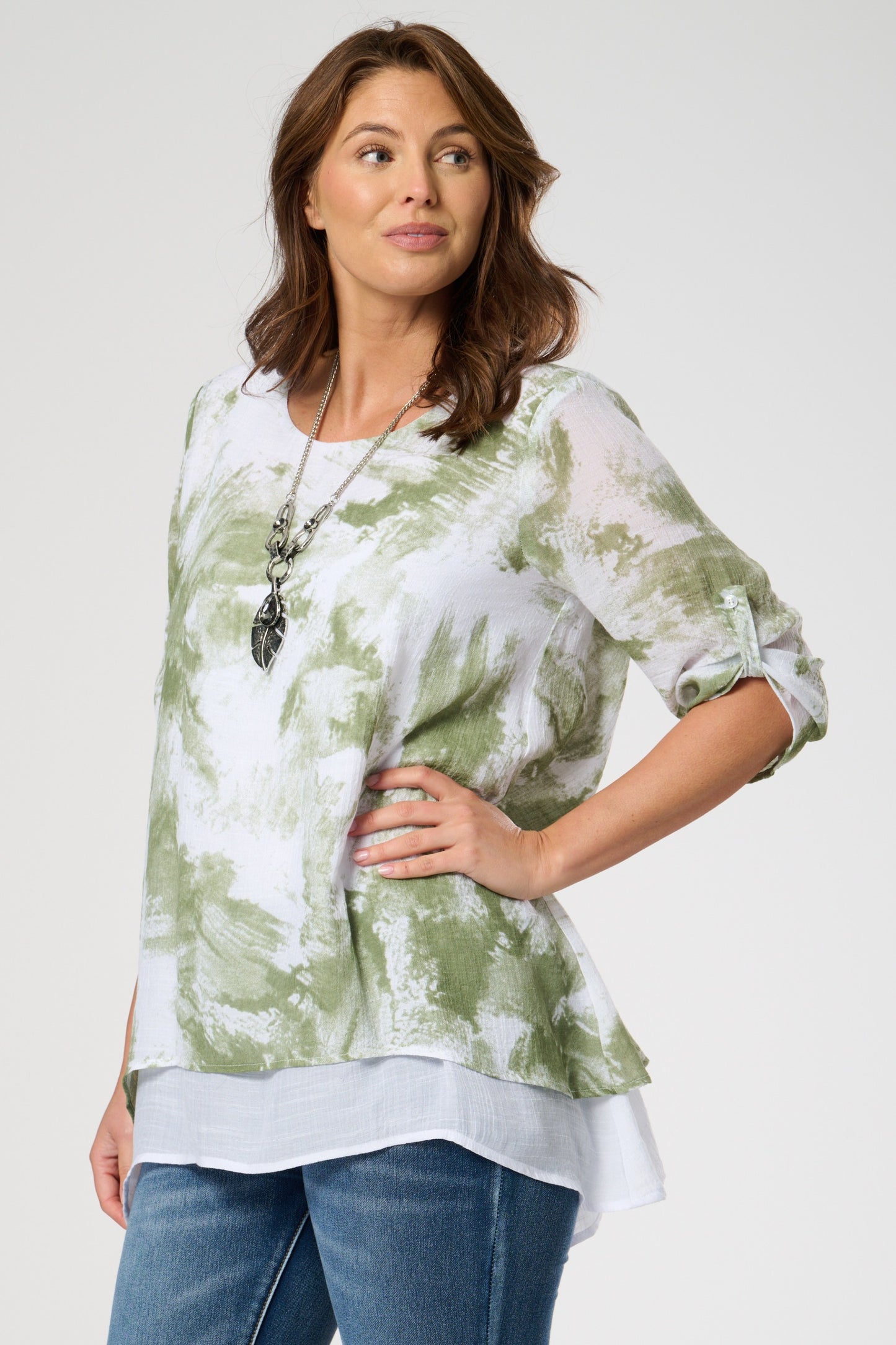 Printed Double layer top with roll up sleeves.