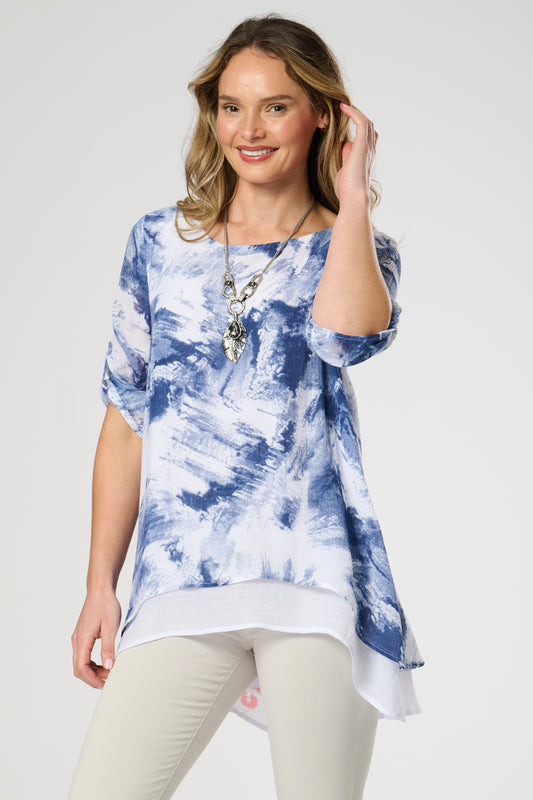 Printed Double layer top with roll up sleeves.