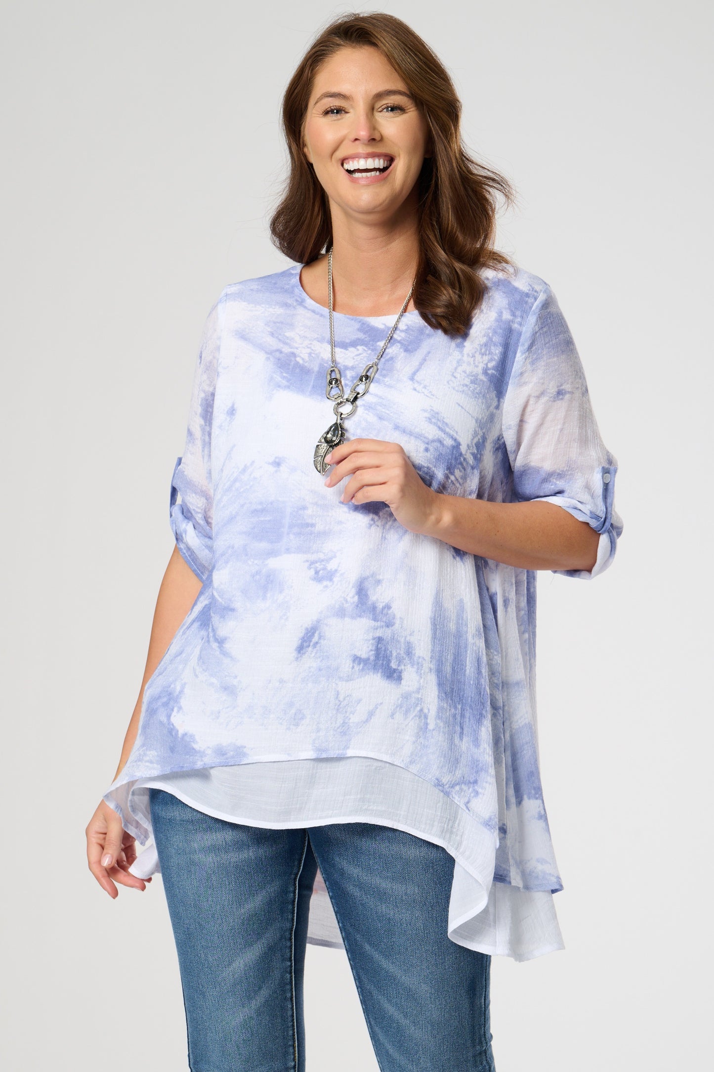 Printed Double layer top with roll up sleeves.