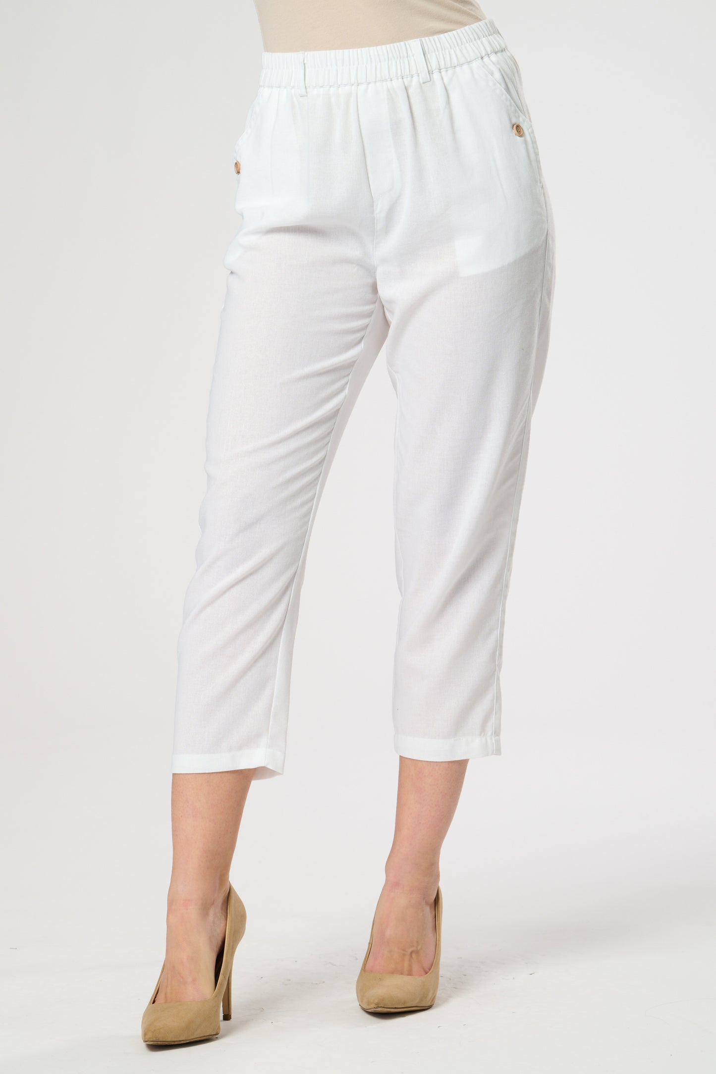 Elasticated waist crop trouser with angle front pockets and buttons.