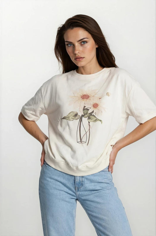 Oversized Mixed Cotton  Short Sleeved Flower Print Top